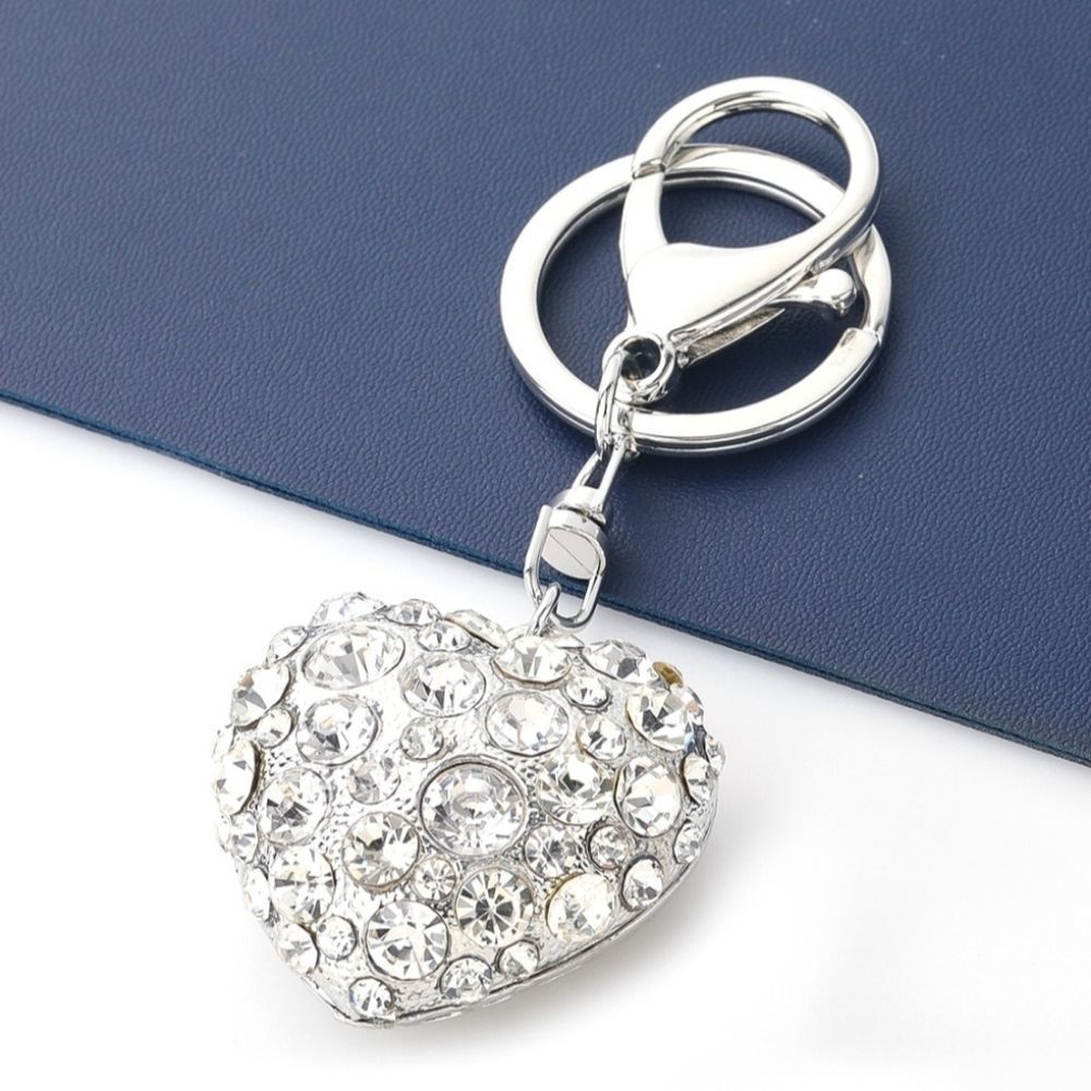 Silver Tone Rhinestone Heart Keychain